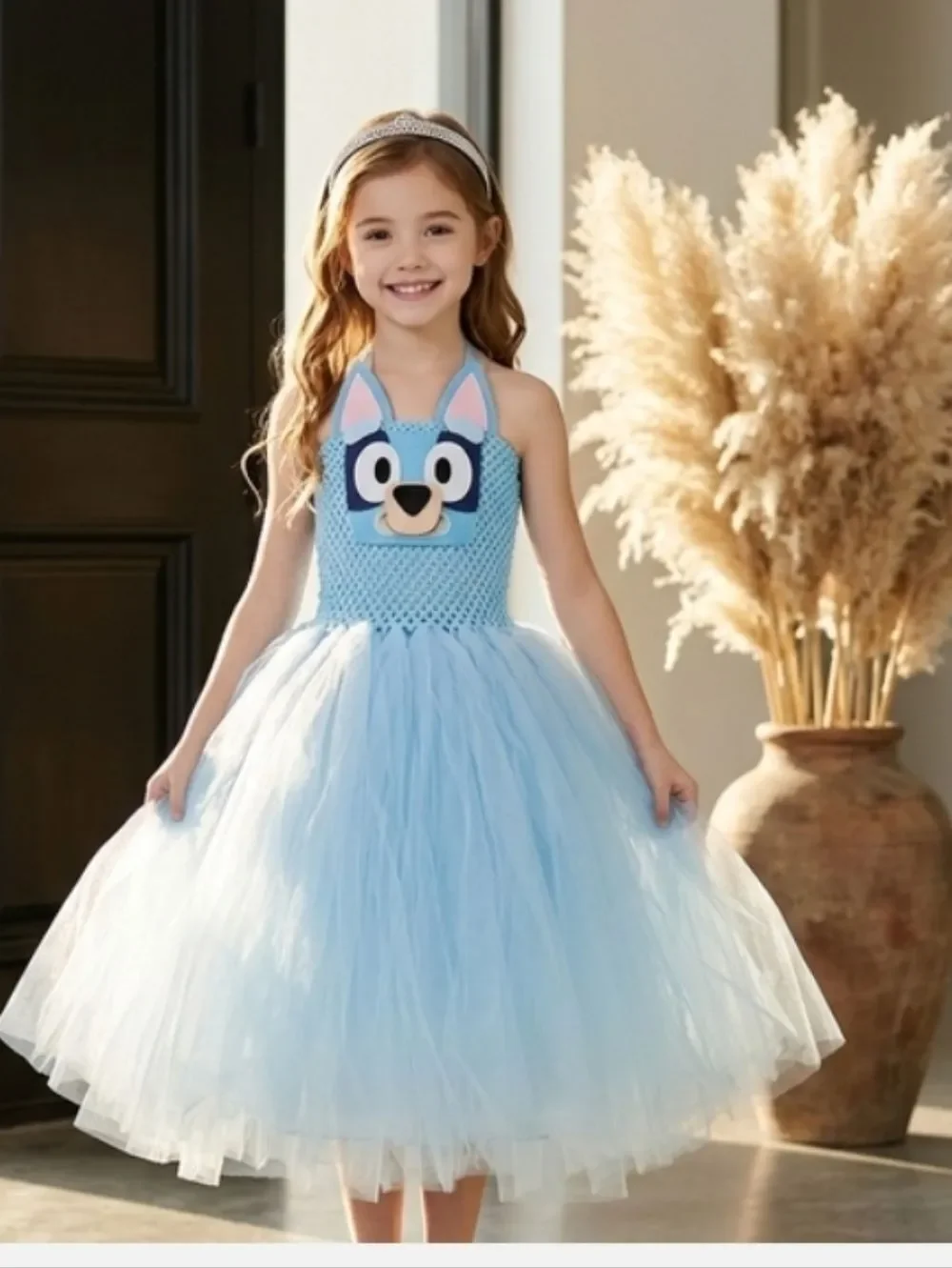 Light Blue Tulle Halter Dress with Playful Cartoon Appliqué Fox Princess
